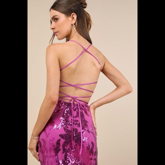 NWT LULUS Sincerest Shine Magenta Purple Sequin Lace-Up Mini Dress - Picture 4 of 4
